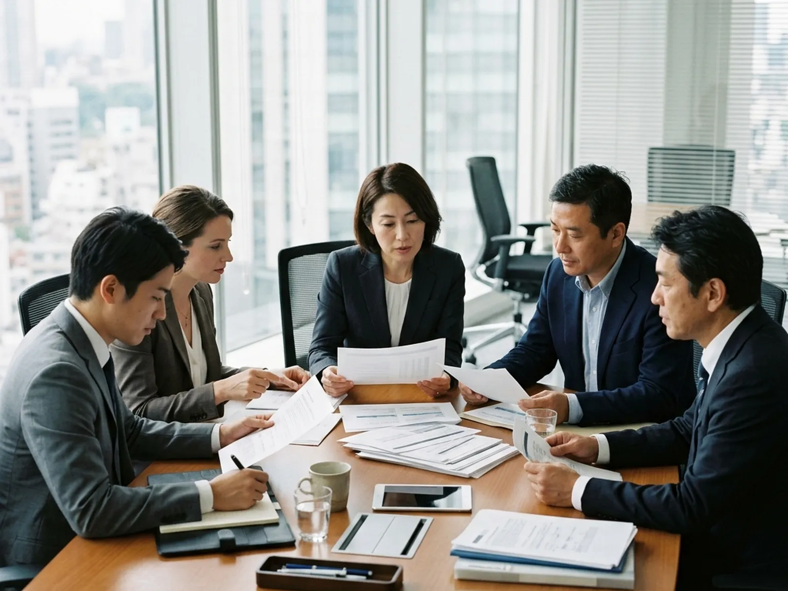 Professional Japan-China business meeting in a bright modern office, people reviewing documents and data at a table, natural daylight.