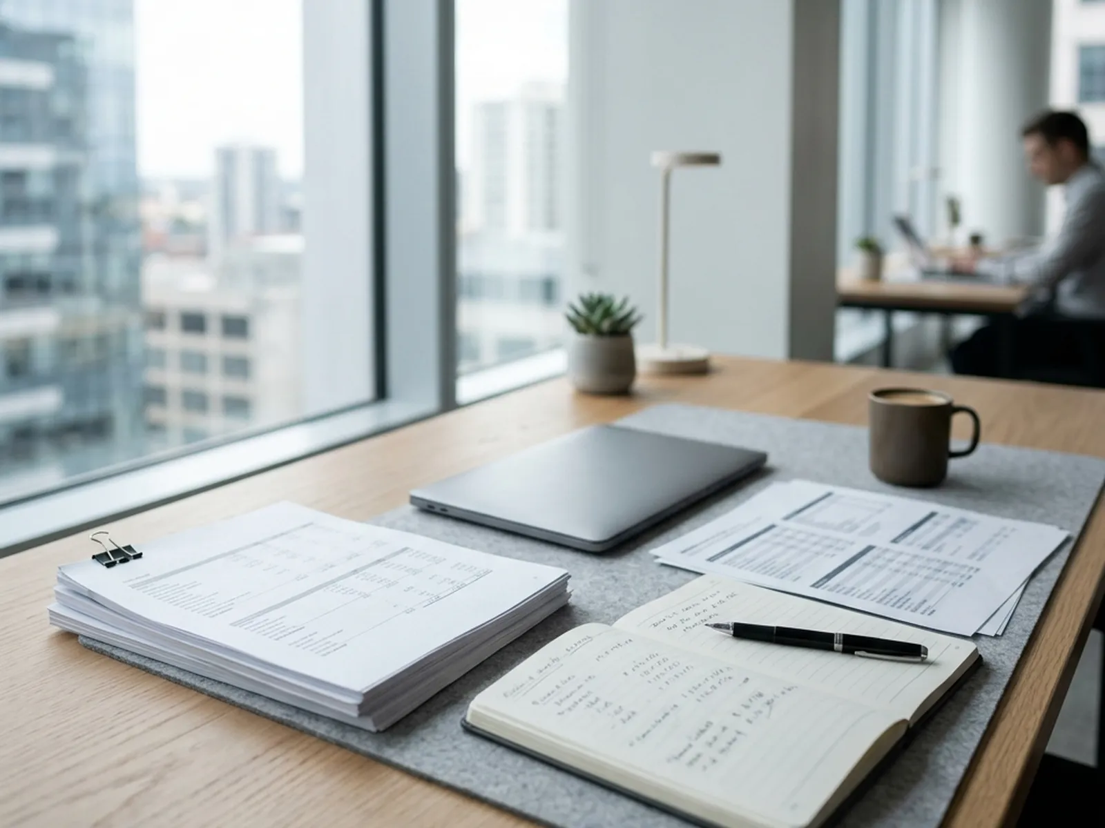 Calm professional portrait or workspace of the company representative, with a desk of financial documents and analysis materials in a bright office, conveying experience and trust.